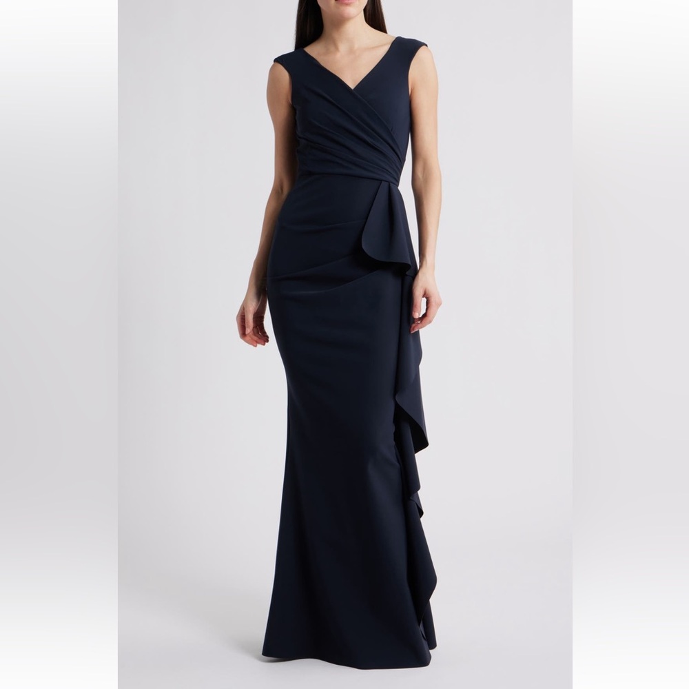 Chiara Boni Sozen Cascade Ruffle Gown Maxi Dress in Dark Navy Blue Size 8